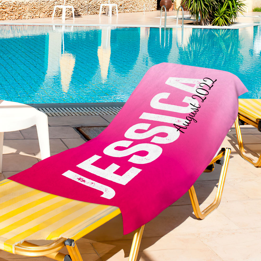 Personalised gradient beach towel 70x140cm with custom name in vivid print — lightweight, fast-dry custom towel ideal as a beach gift
