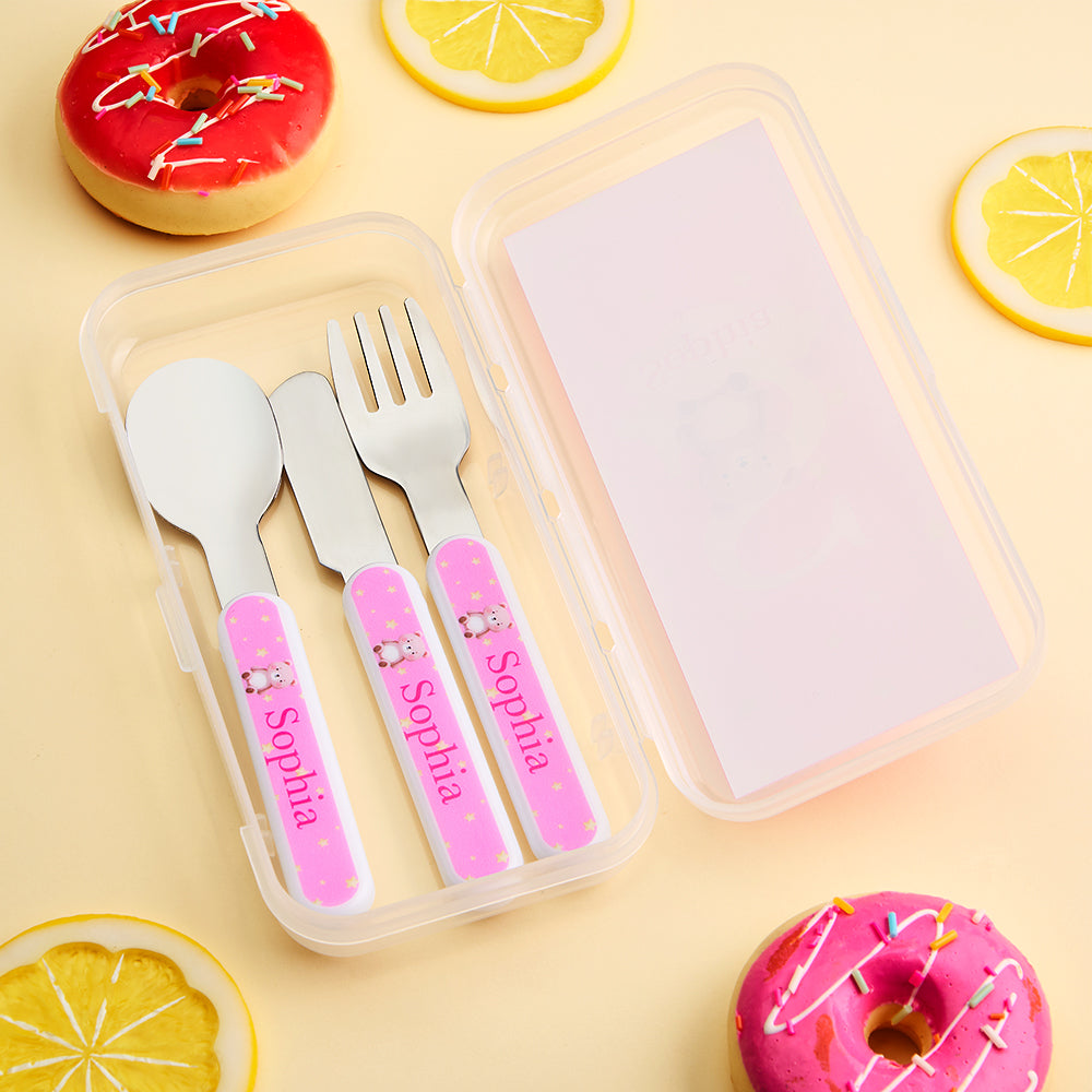 Personalised children's cutlery set with cartoon animal fork, spoon and knife in storage case – stainless steel heads and BPA-free PP handles, ideal birthday gift