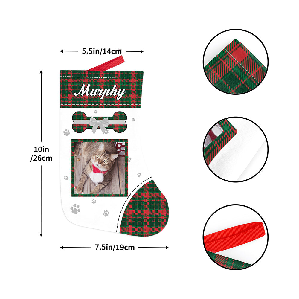Flat-lay of a personalised pet photo Christmas stocking in velvet, highlighting the soft texture and vivid heat-transfer print with custom text