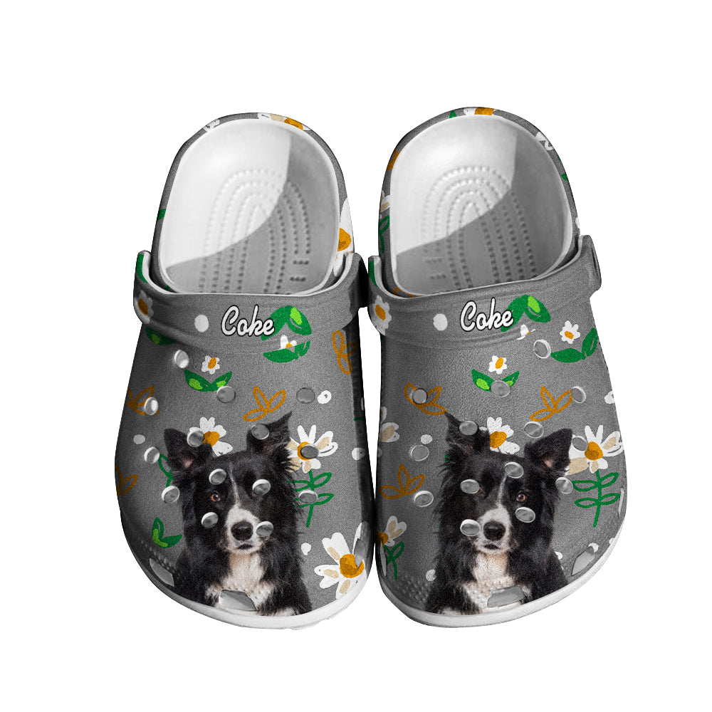 Close-up of printed pet portrait and clear personalised name on rubber clogs, showing high-resolution print quality of custom pet face clogs