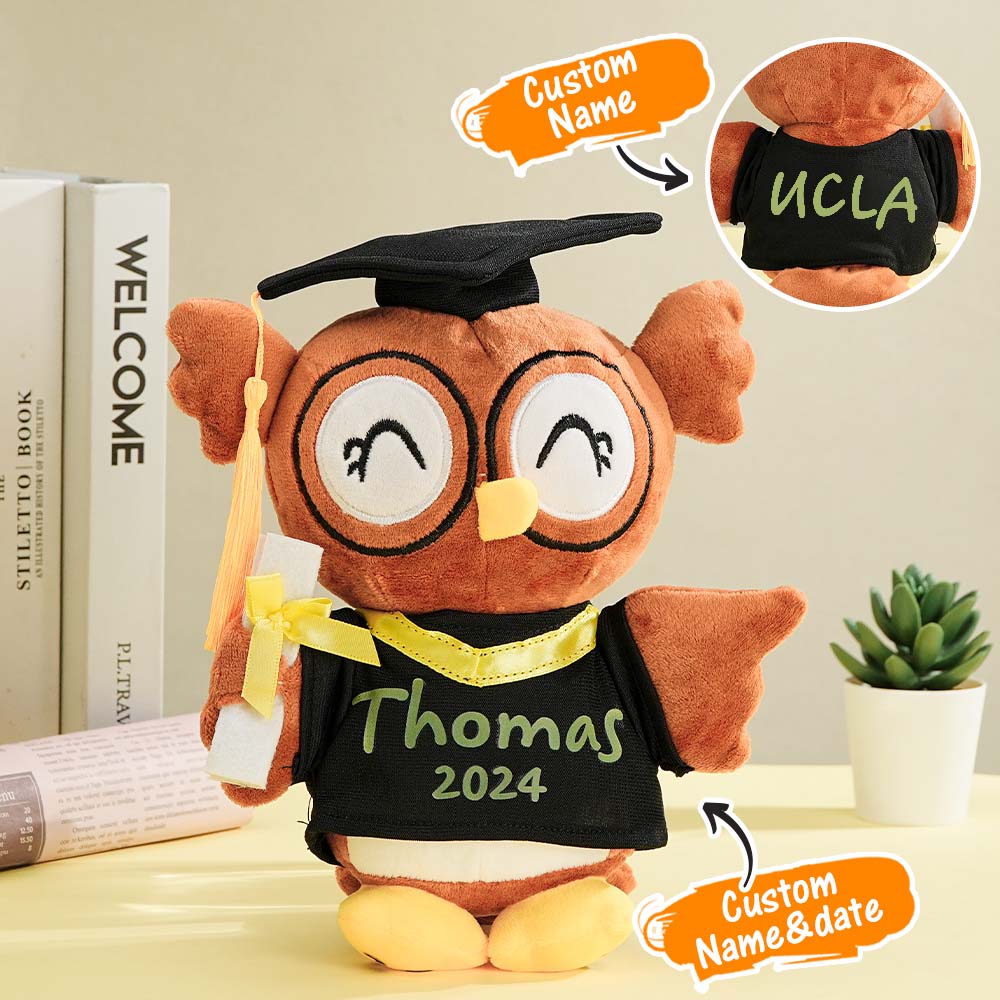 Personalised graduation owl plush with custom name and graduation date printed on soft plush – 23cm x 18cm keepsake gift