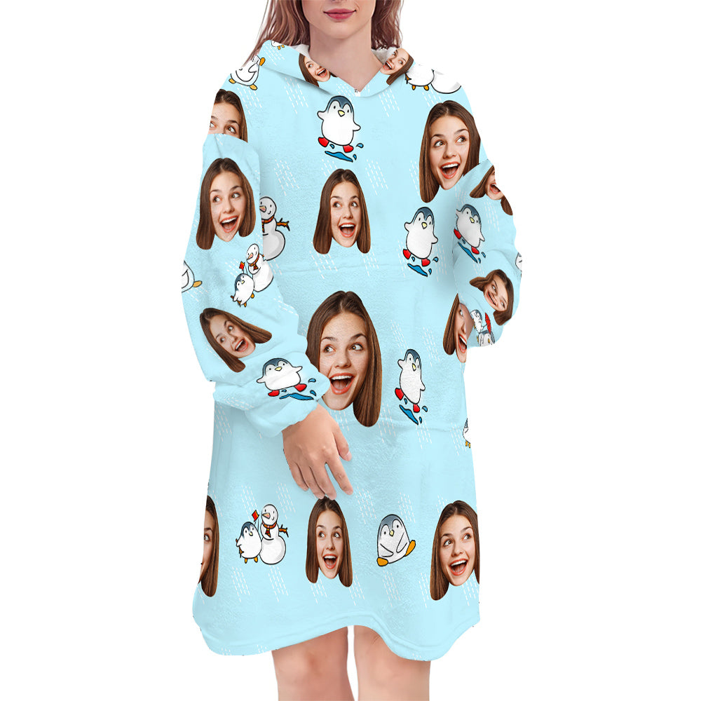Personalised oversized hoodie blanket with pocket featuring a custom face print — cosy, soft polyester wearable blanket and ideal personalised photo gift
