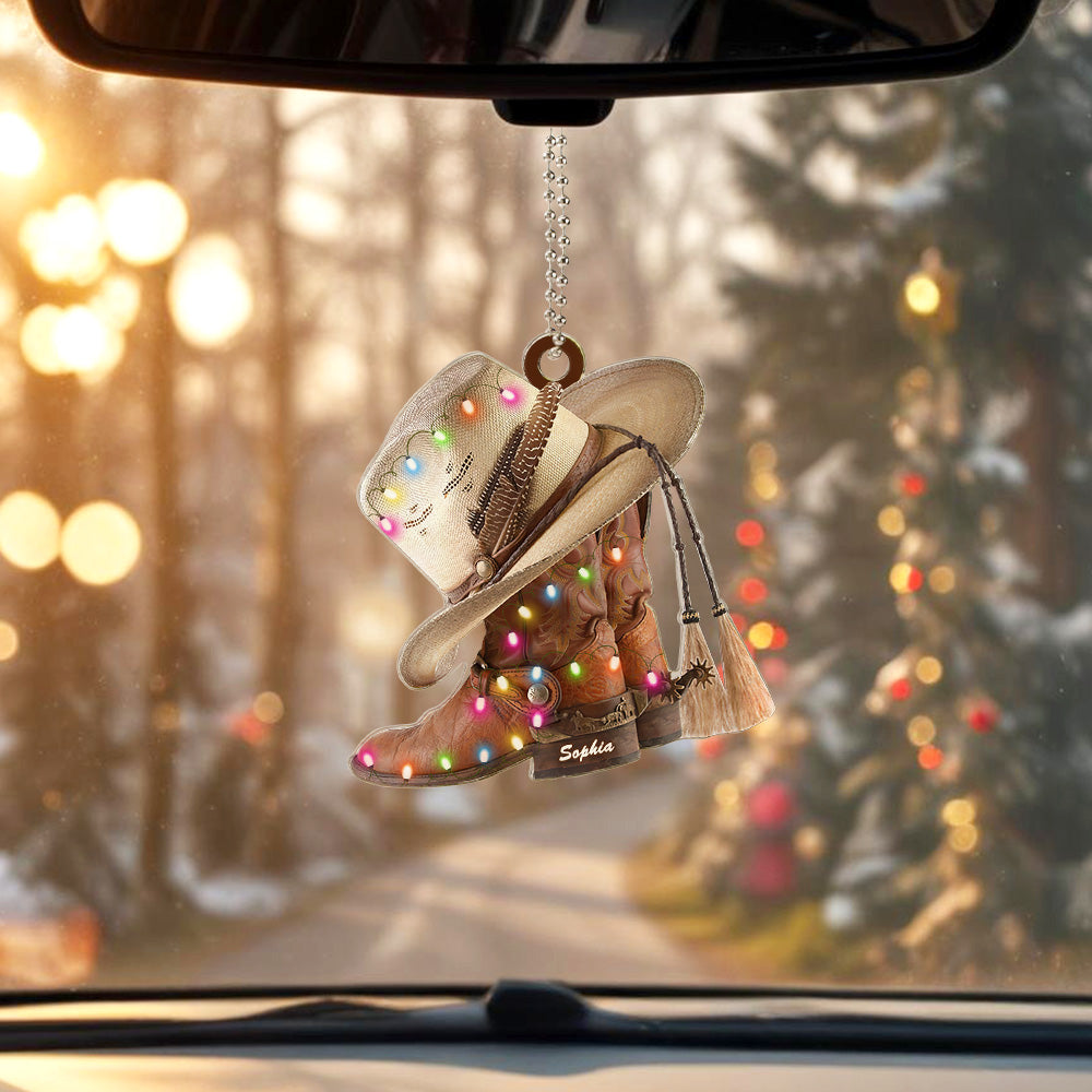 Personalised cowboy rearview mirror charm in clear acrylic with boots-and-hat motif and space for a custom name or short quote.