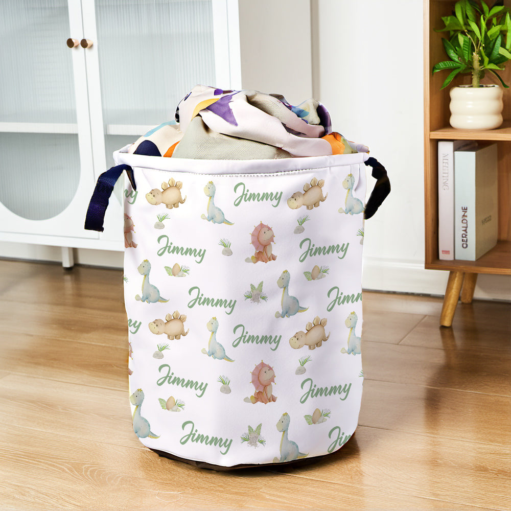 Close-up of customised name printed on the dinosaur-themed storage basket.