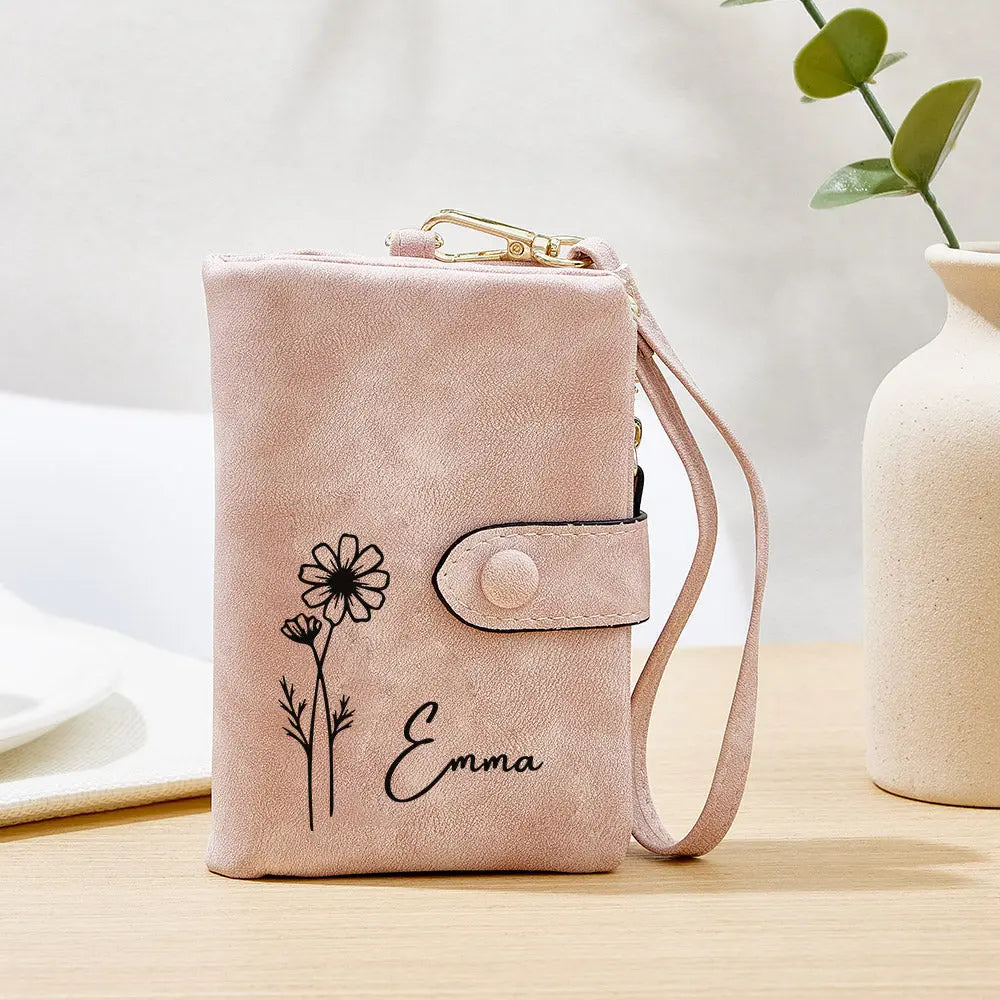 Personalised Birth Flower Wallet Card Holder in soft PU leather showing a custom name and floral birth‑flower print — compact birthday gift for her