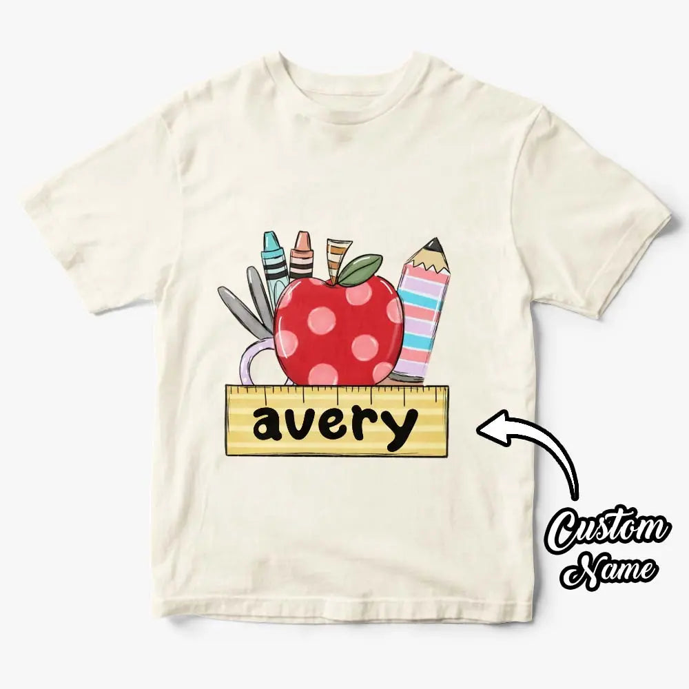Rear view of personalised kids T-shirt showing neat stitching and quality polyester – perfect for the first day