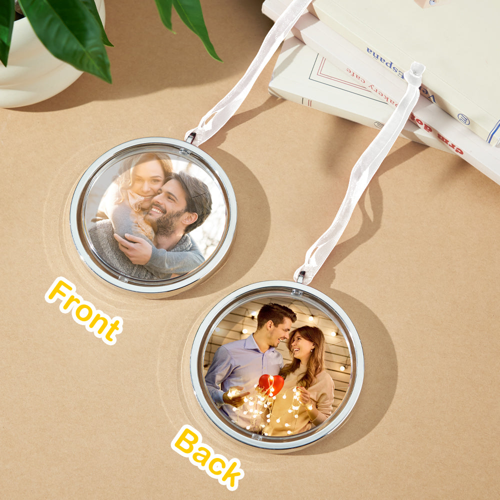 Side angle of the personalised car ornament highlighting durable plastic material and compact 8.5 x 8.5 cm size.