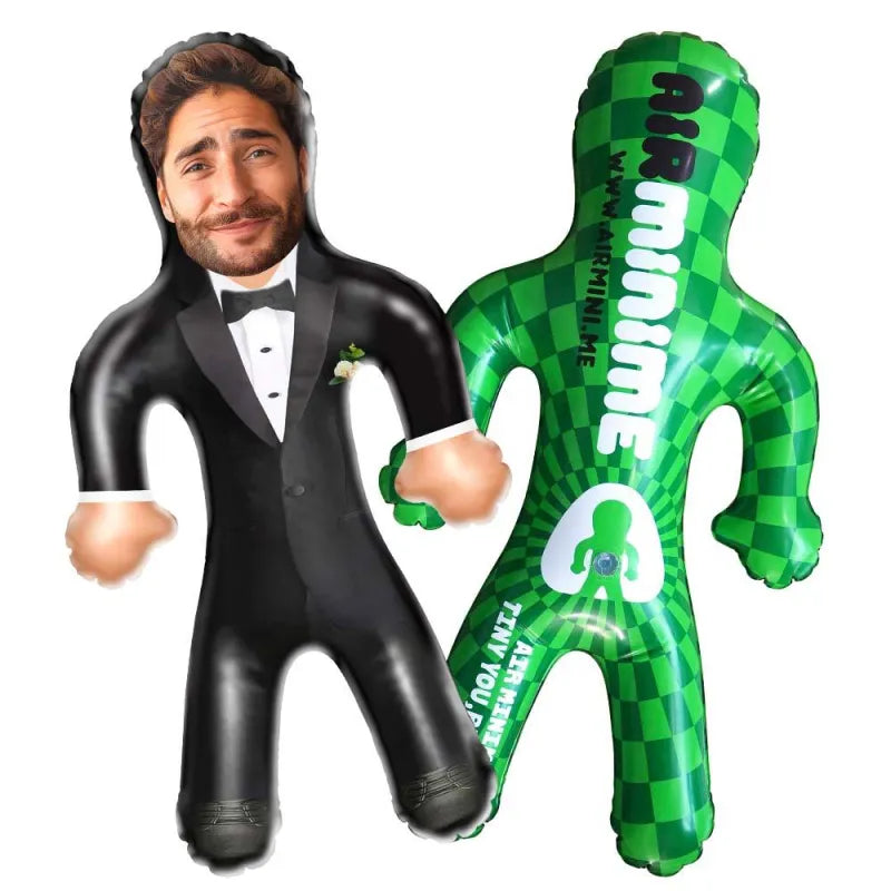 View of personalised groom inflatable doll with photo face, shown as a wedding and party novelty gift.
