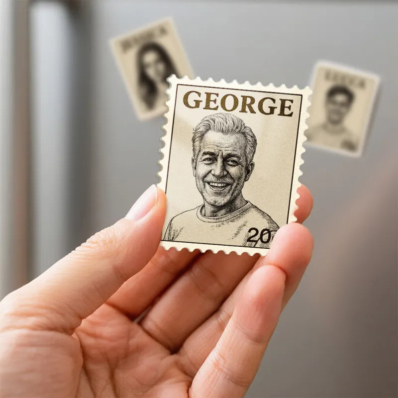 Detail view of the vintage stamp design portrait magnet, beige backdrop with authentic perforated edges on acrylic surface.