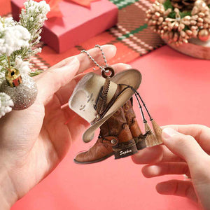 Personalized Cowboy Boots And Hat Car Ornament with Name Rearview Mirror Decoration Gift