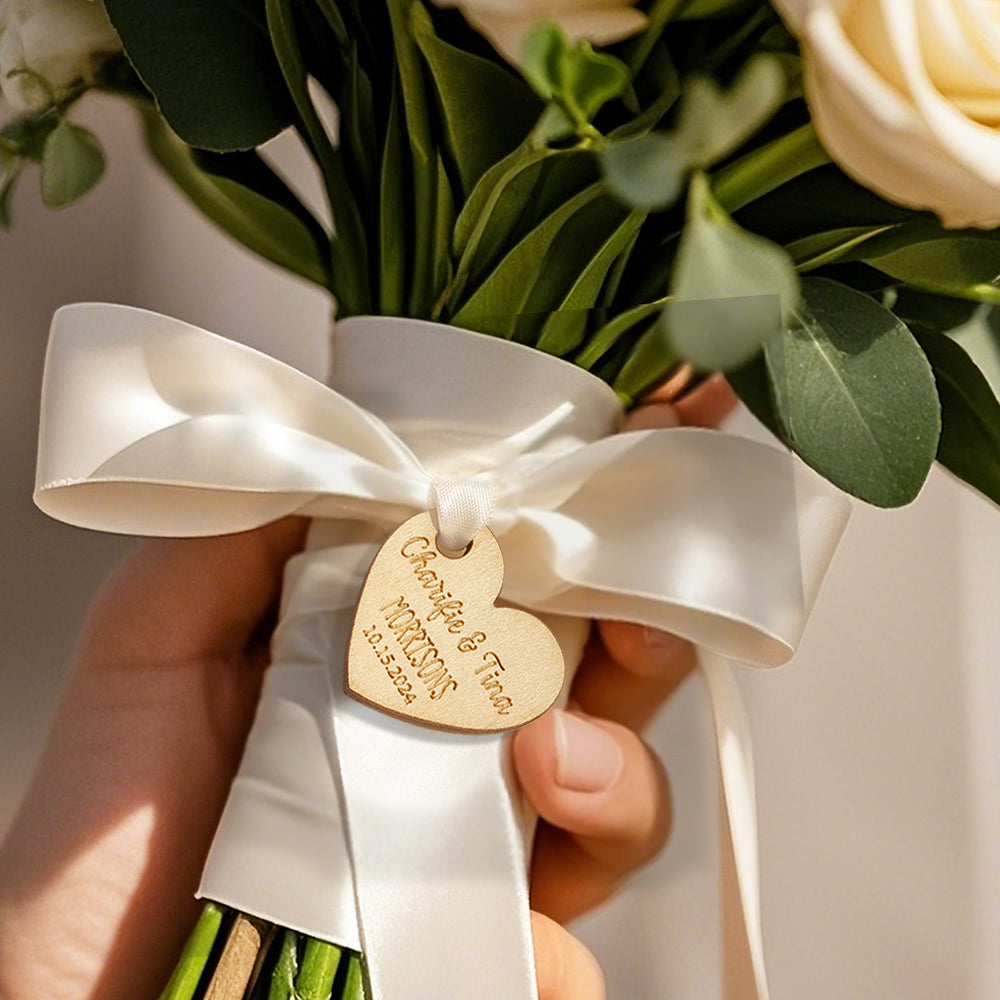 Personalised Wooden Heart Gift Tags - Engraved Wedding Favours for Guests