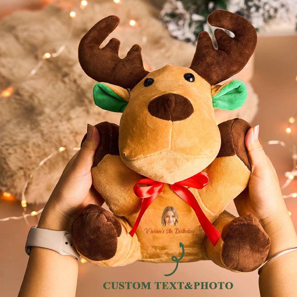 Close-up of custom photo face print on personalised moose plush showing vivid, high-quality print – perfect custom face plush keepsake
