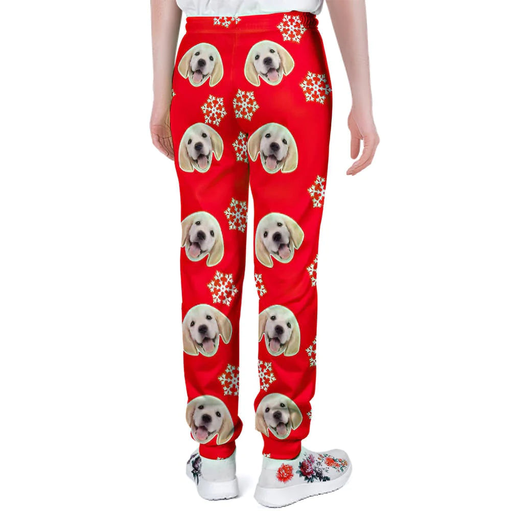 Model lounging in Personalised Dog Face Christmas Sweatpants — cosy at‑home look for evenings in, travel and relaxed weekends