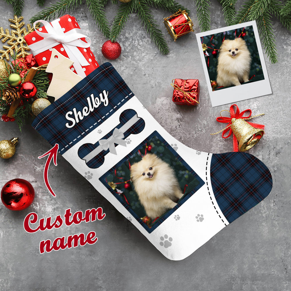 Rear and side view of a personalised pet photo Christmas stocking revealing secure stitching, hanging lanyard and soft velvet backing