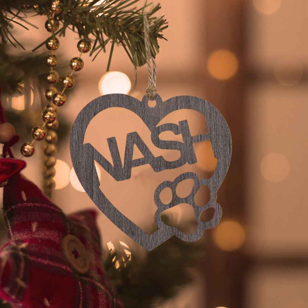 Personalized Wood Heart Dog Paw Name Christmas Ornament