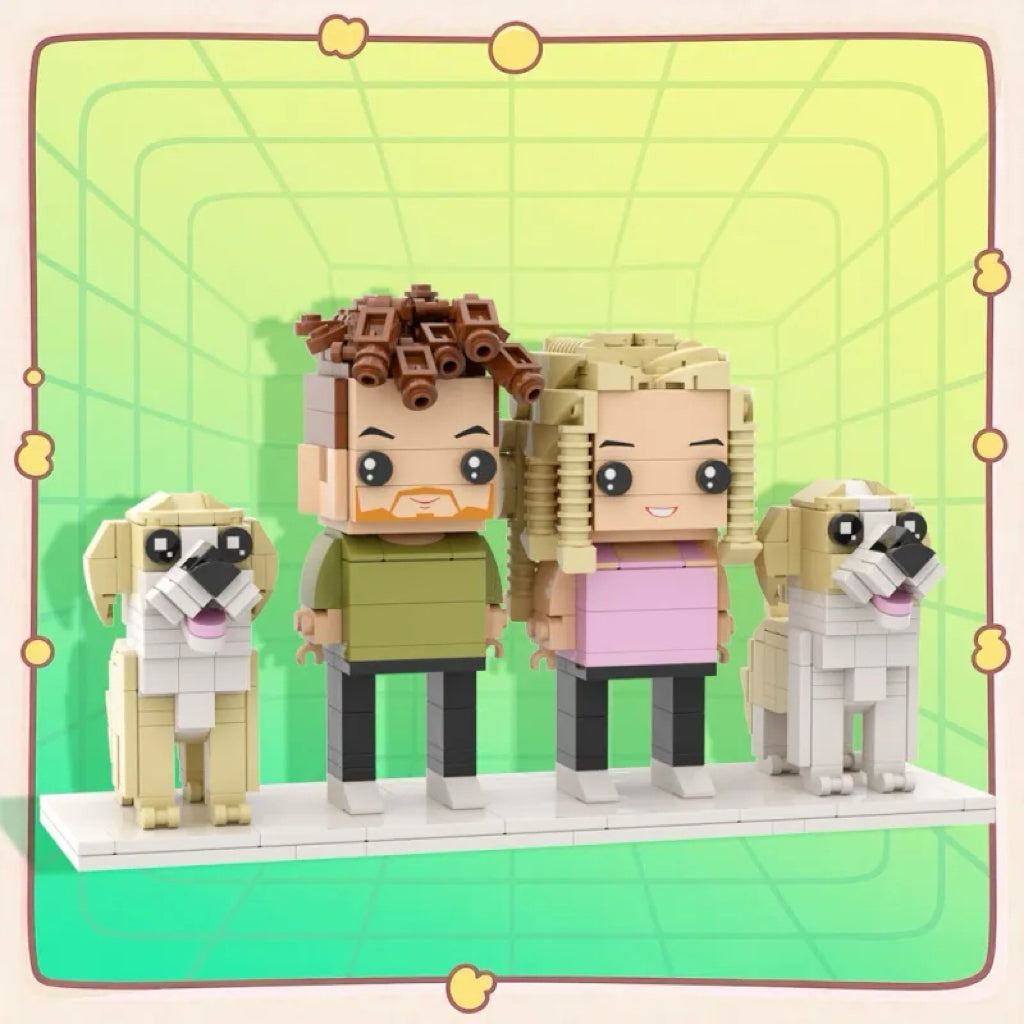 Personalised full-body brick-style figures of a couple with two dogs — custom anniversary and birthday gift, eco-friendly ABS keepsake