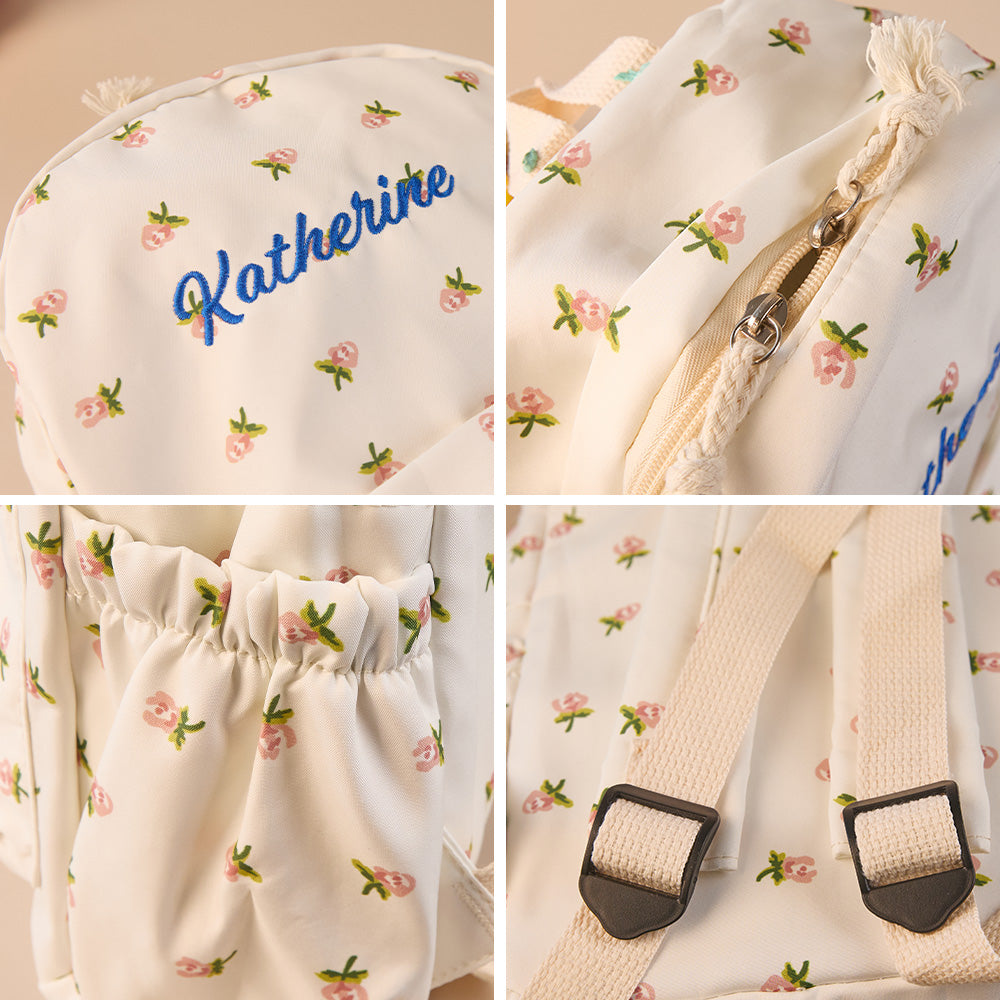 Child wearing personalised flower girl schoolbag – custom name student backpack suited to school runs and weekend outings, 31x13x40cm