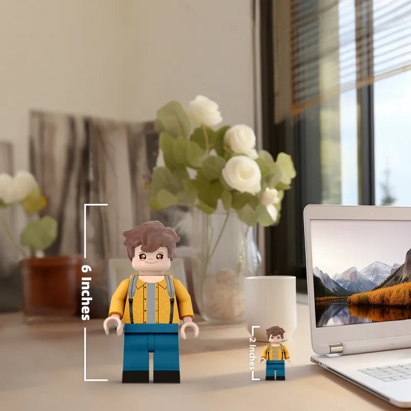 Front view of a 3D printed custom giant minifig personalised from a photo — full‑body standing personalised photo minifigure in bright clothing, PLA eco‑friendly print