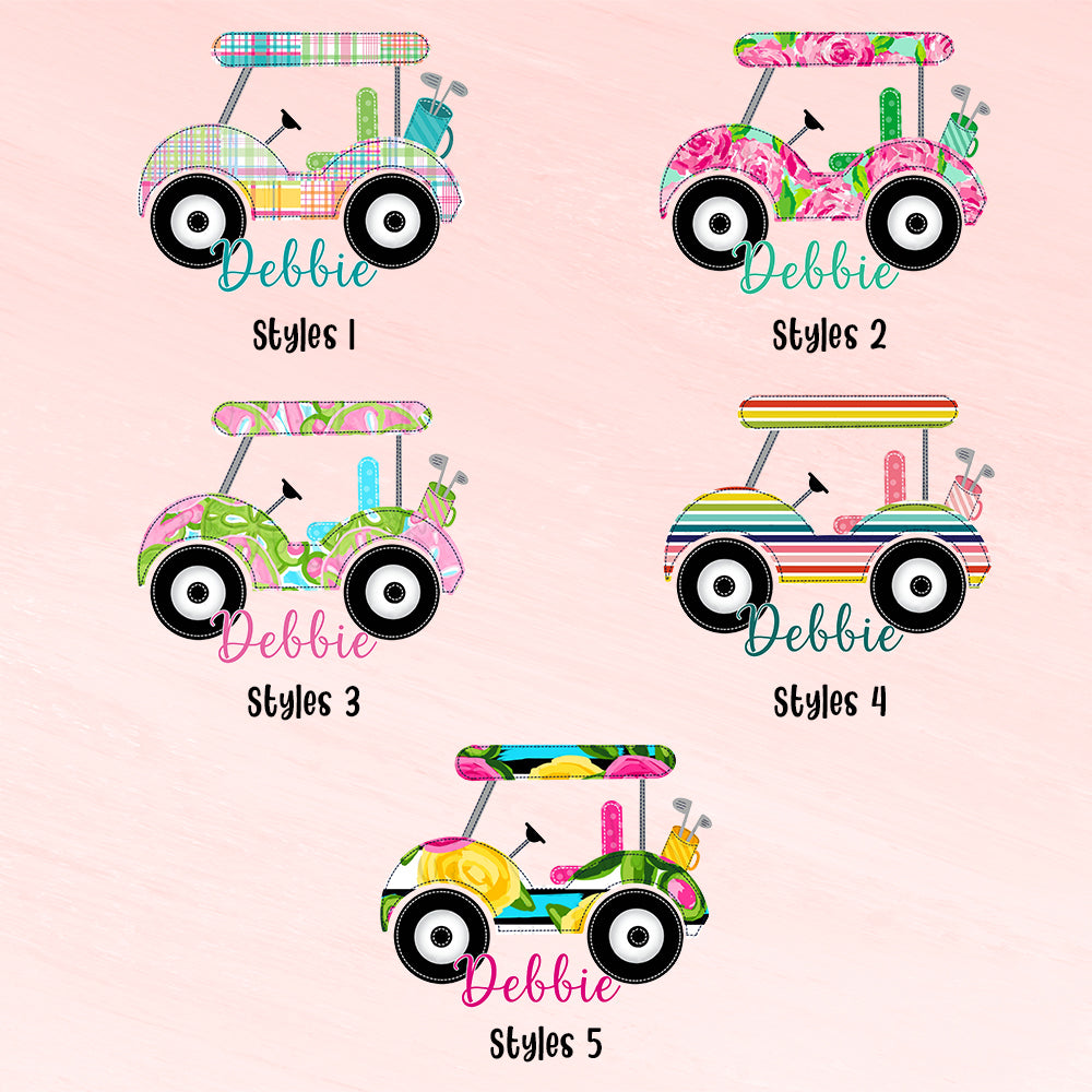 Close-up of premium cloth canvas and vibrant golf cart print on personalised cosmetic pouch — durable, colourfast finish