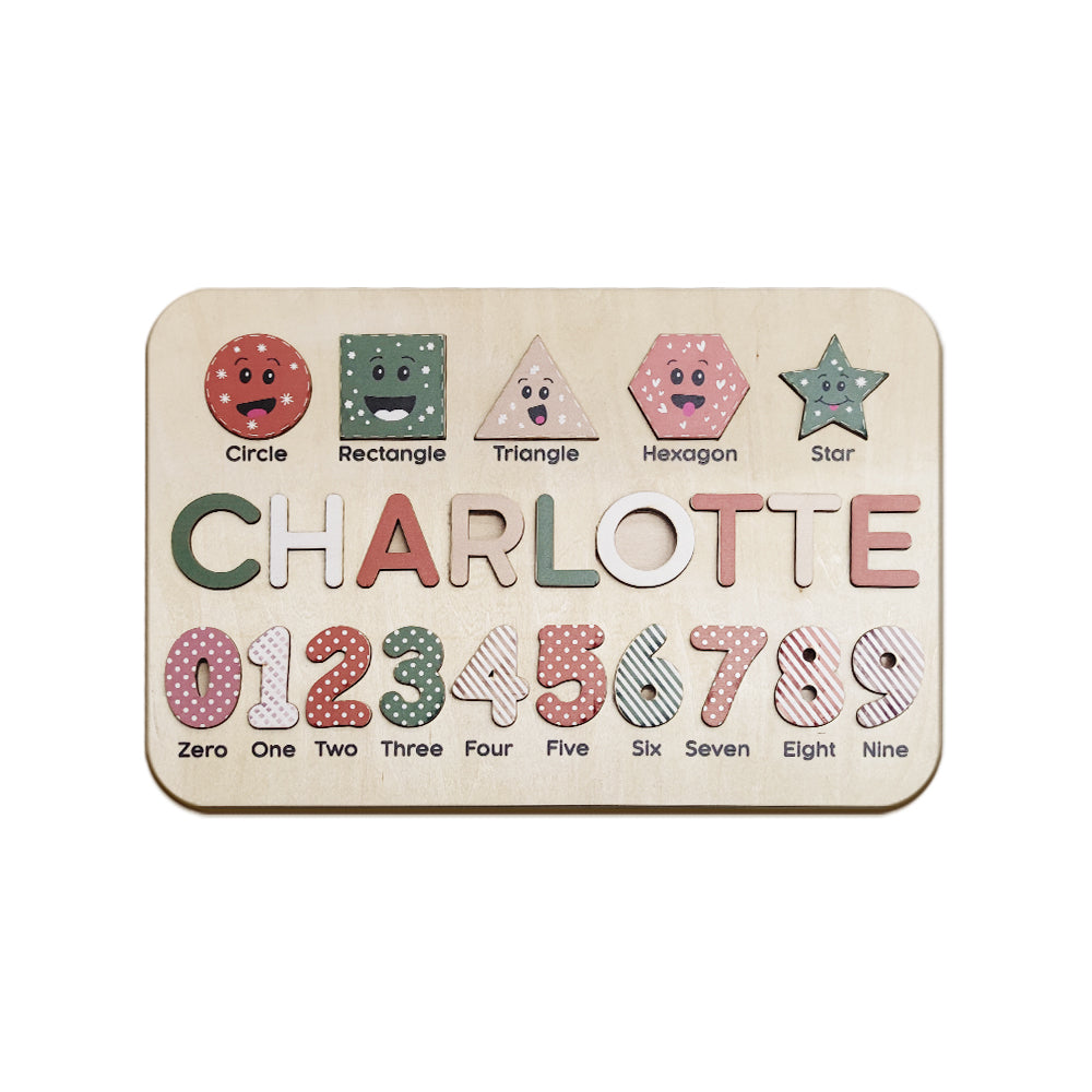Selection of colourful letter pieces from personalised wooden name puzzles showing vibrant, Montessori-friendly colour combinations