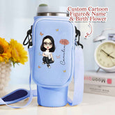Personalized Cartoon Birth Flower Waterproof Bottle Carrier Bag for 40oz Stanley Tumbler Gift for Her
