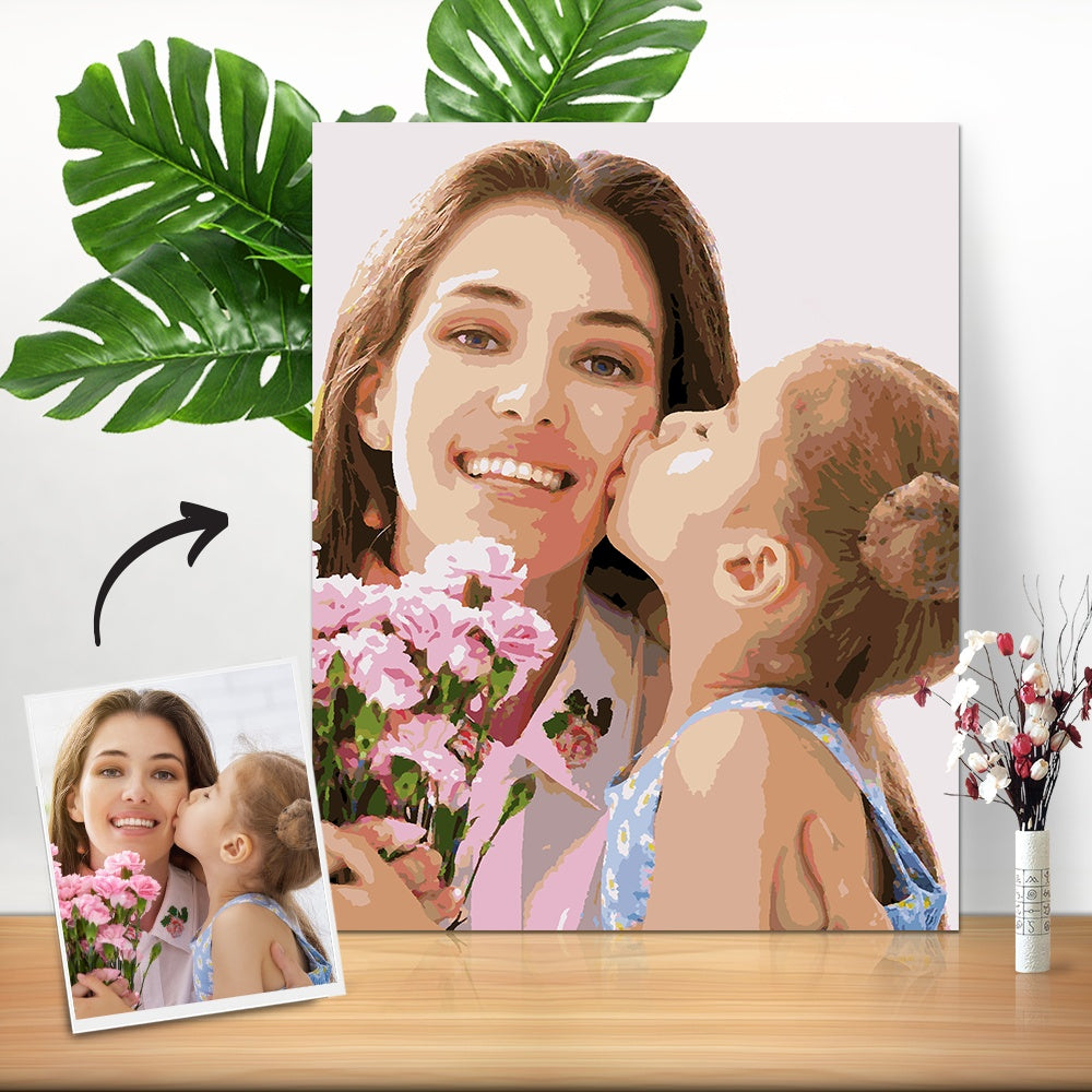 Colour-matching paint pots from the personalised photo paint by number kit — eco-friendly pigments available in 24, 36 or 72 colours for true-to-photo results