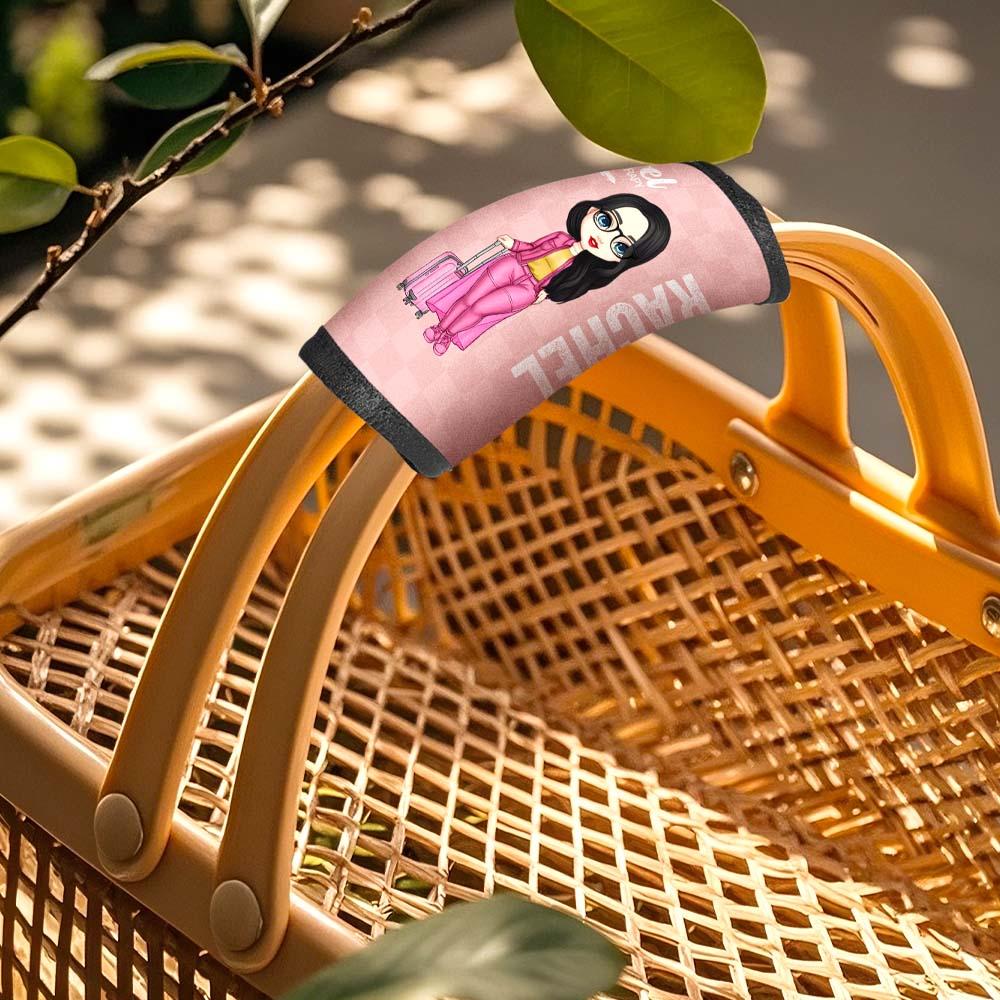 Close-up of neoprene material and secure Velcro on a personalised luggage handle wrap — durable comfortable travel ID tag