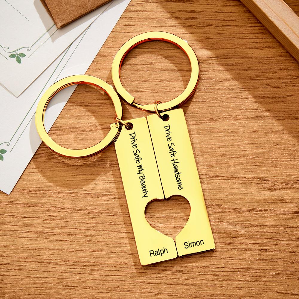 Gift presentation of personalised 'Drive Safe' stainless steel keyrings as a thoughtful keepsake for couples