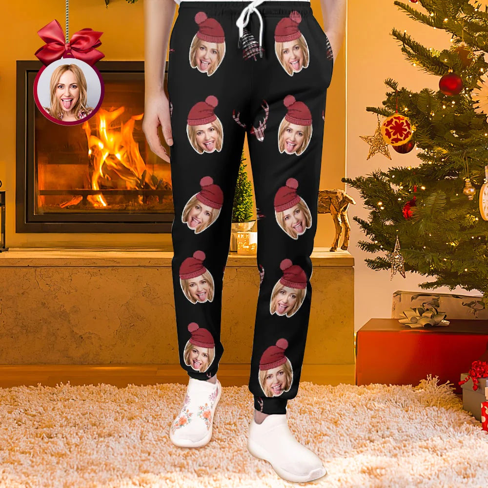 Lifestyle image of a couple wearing matching personalised face sweatpants, fun personalised gifts for couples and anniversary presents