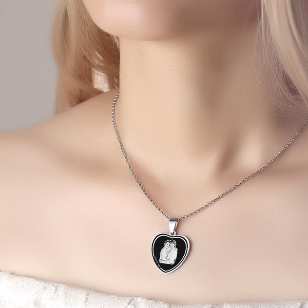 Personalised Photo Engraved Heart Necklace - Custom Couple Gift