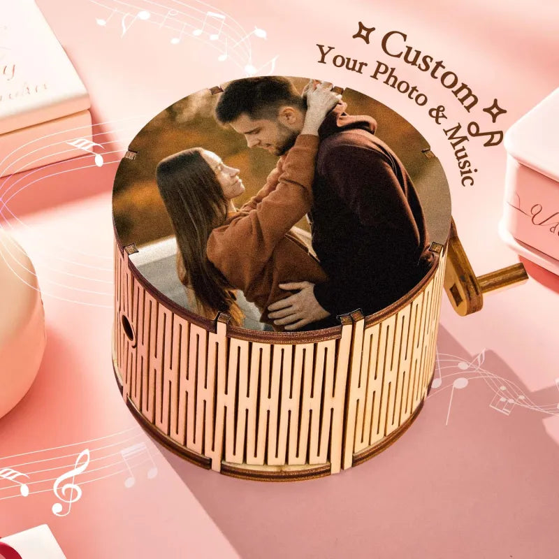 Personalised cylindrical rotating photo music box displaying a custom photo on 5mm wooden cylinder, USB rechargeable keepsake
