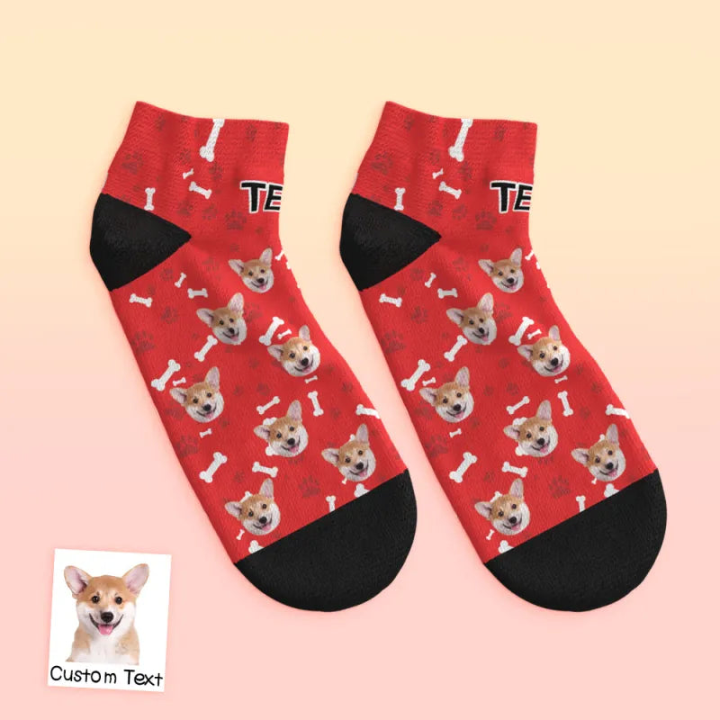 Top-down view of custom dog face low-cut socks — vibrant print, ideal teacher or teen gift