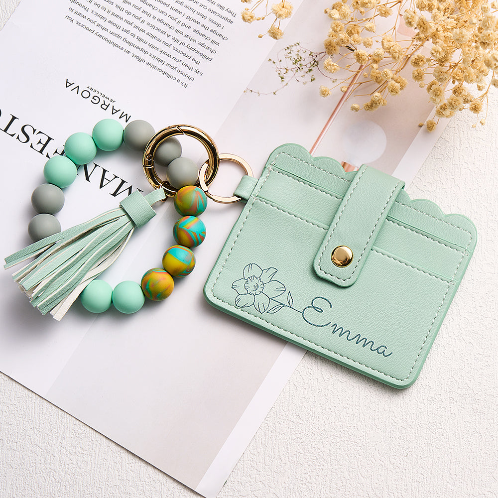 Open view showing organised card slots, ID pocket and cash section inside personalised PU leather birth flower wallet