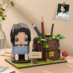 Personalised Brick Figure & Tree Stump Pen Holder | Custom Lego-Style Desk Organiser
