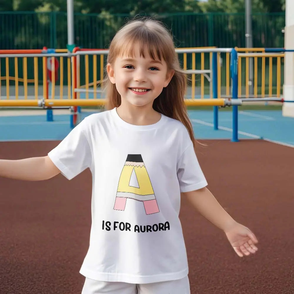 Front view of children's personalised pencil tee in alternate colour — casual everyday style and first day of school gift idea