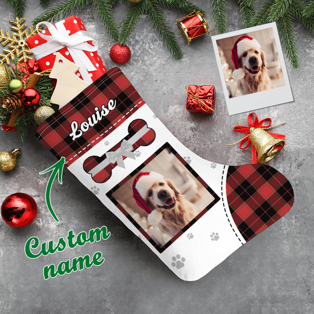 Three velvet personalised pet photo stockings side by side to show available colour options, printed names and hanging loops