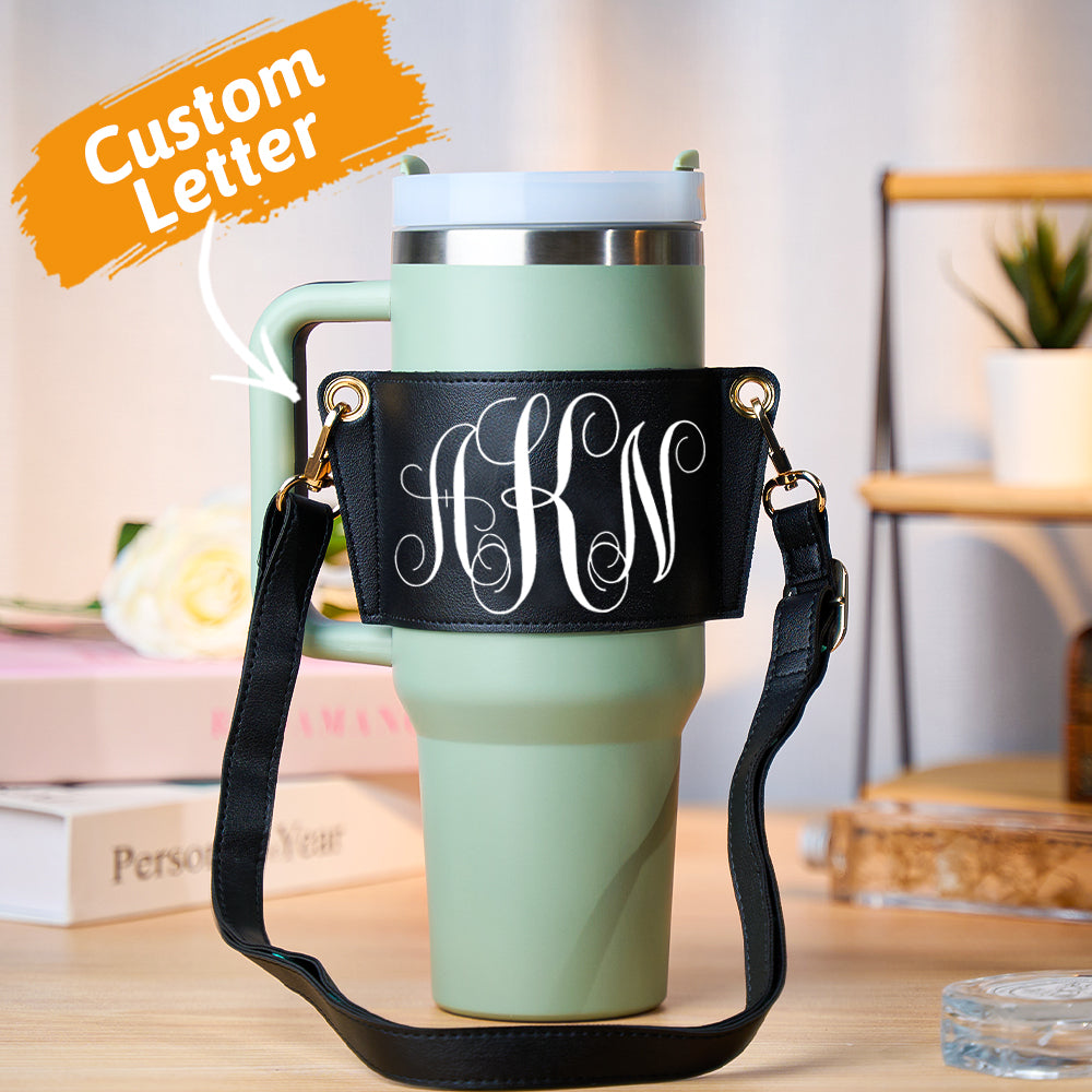 Model demonstrating adjustable strap fit of personalised monogram water bottle carrier for 40oz Stanley tumbler — crossbody and shoulder options