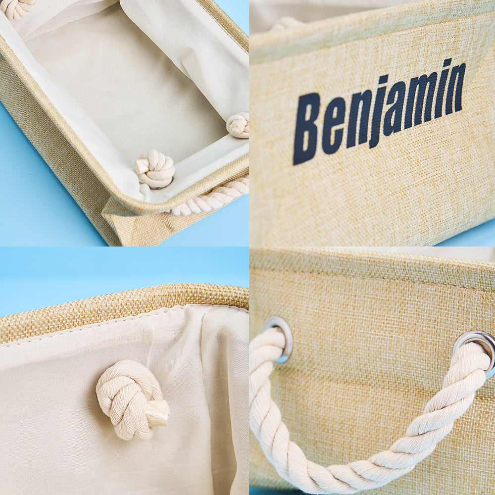 Basket filled with soft toys showcasing practical use and name on exterior.