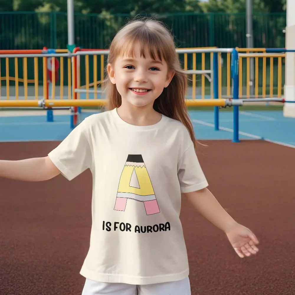 Side view of personalised pencil t‑shirt on child — custom name option makes a thoughtful back to school present