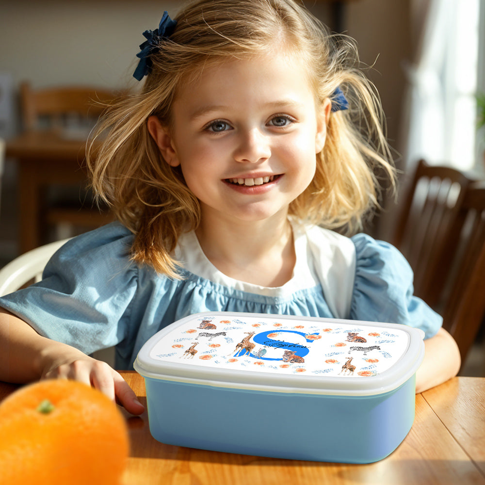 Assortment of personalised cute animal lunch box designs and patterns — customisable name options for boys and girls