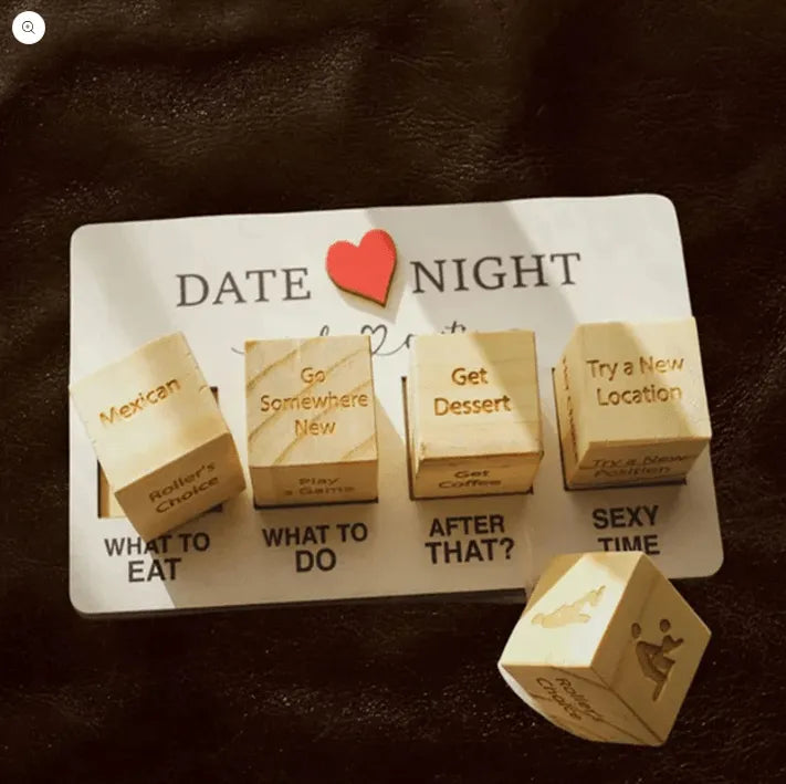 Compact wooden dice kit beside its storage bag illustrating travel-ready size – portable date night dice perfect for weekends away and gifts for couples