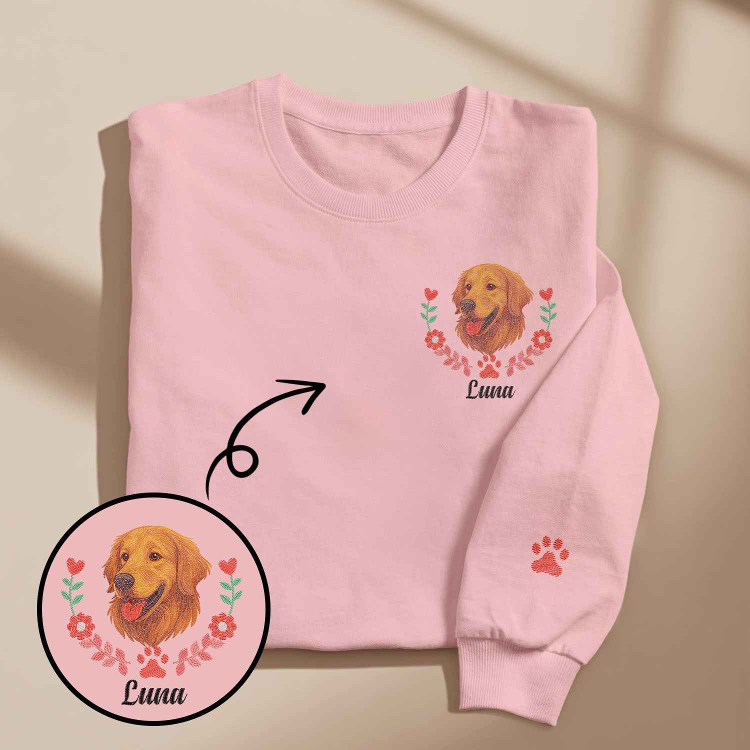 Custom Embroidered-Style Pet Sweatshirt – Personalized Pullover with Pet Name & Wreath