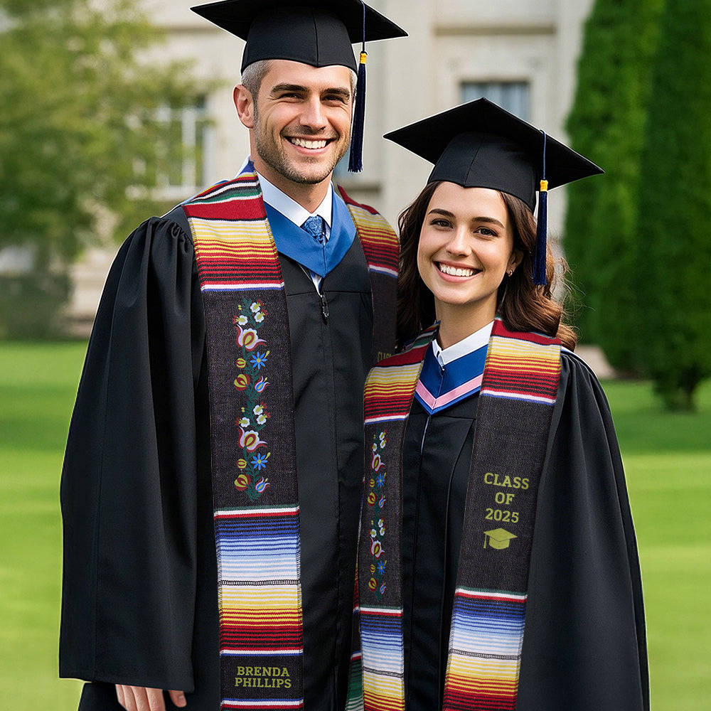 Personalised Mexican graduation stole for Class of 2025 in vibrant Mexican colours and traditional motif, polyester graduation sash for ceremonies and photos
