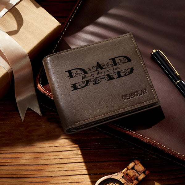 Open PU leather men's wallet showing multiple card slots and cash compartment — compact personalised name wallet