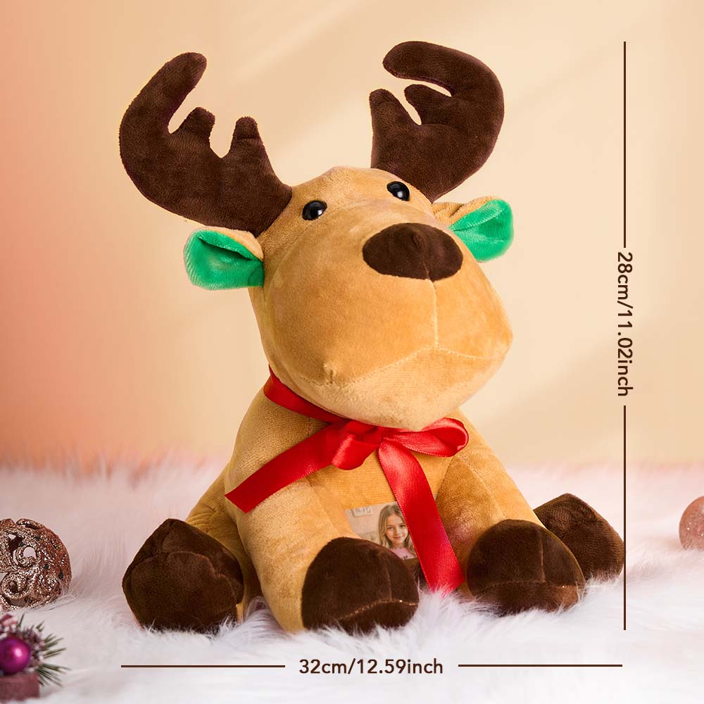Personalised moose plush size comparison showing 12.6 in x 11 in (32 cm x 28 cm) — perfect cuddly companion for toddlers and kids