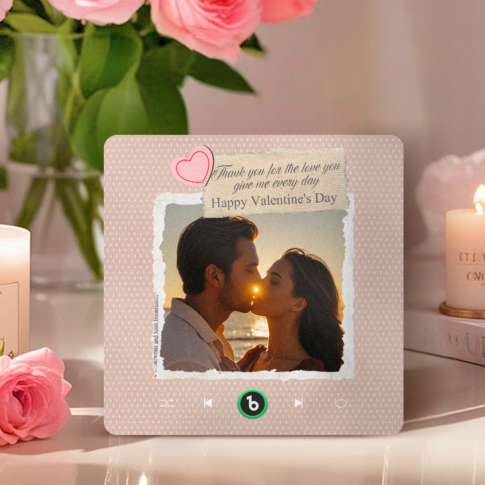 Lifestyle image of the Personalised Frameless Music Fridge Magnet on a kitchen fridge with couple photo — perfect Valentine’s Day or anniversary gift