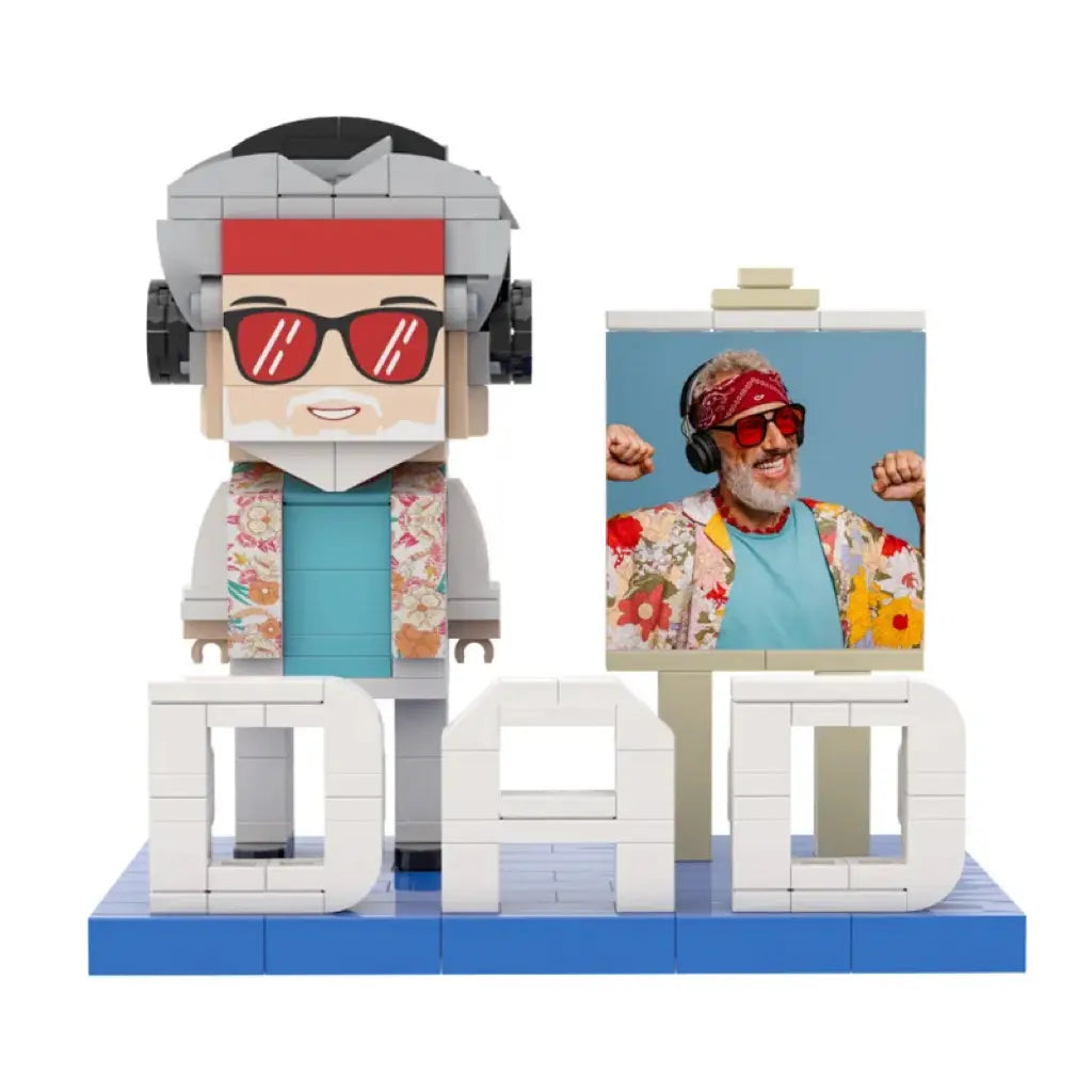 Customisable full‑body dad brick figure personalised from a photo — front view showing hairstyle, facial features and outfit; ideal personalised Father’s Day gift