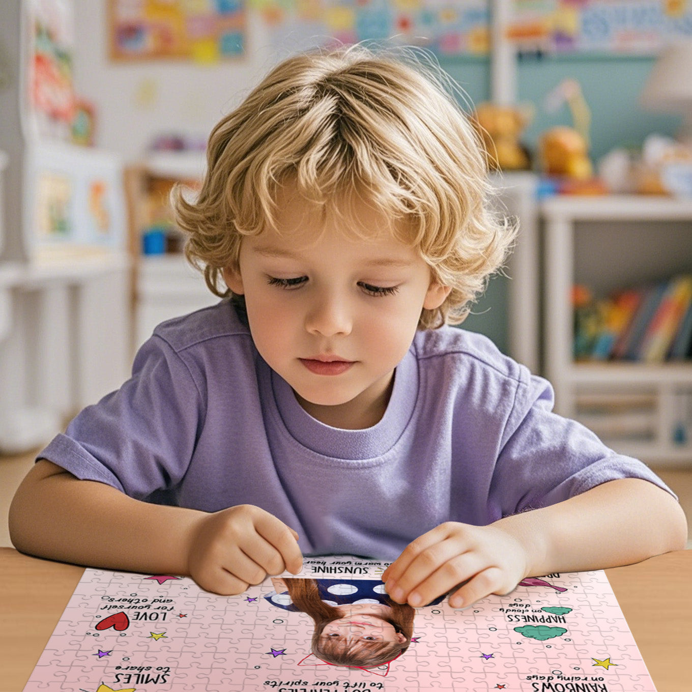 Assembled personalised photo jigsaw puzzle featuring a close-up portrait and prayer motif, ideal birthday or Easter gift for children