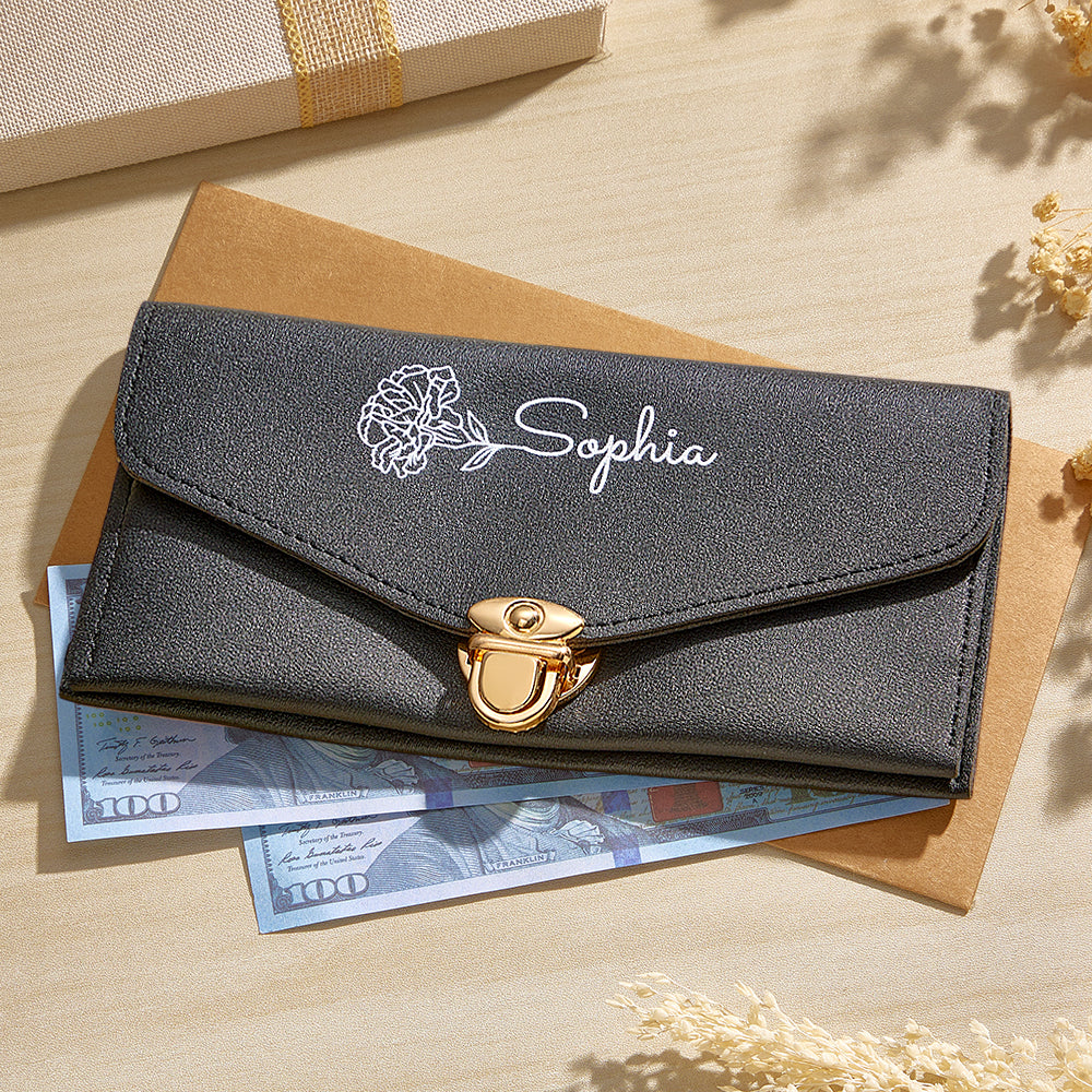 Personalised Birth Flower PU Leather Wallet with Name - Custom Birthday Gift for Her