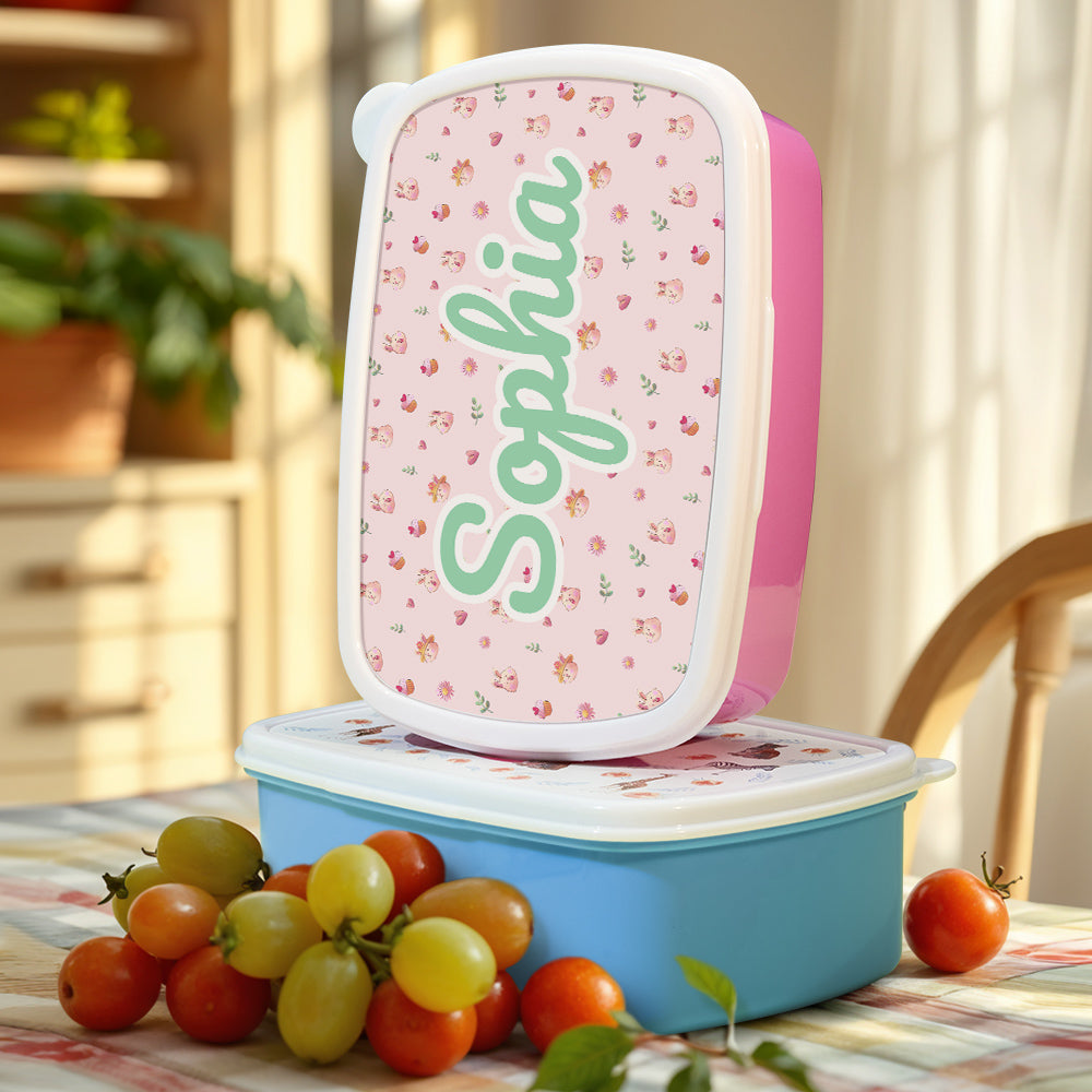 Side view showing secure snap closure and carry-friendly design on a personalised cartoon rabbit lunch box for kids